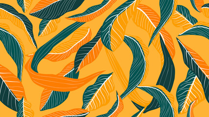 Tropical forest seamless pattern. Floral wallpaper design  with exotic flowers and leaves, split-leaf philodendron plant ,monstera plant line art on trendy background. Vector illustration. © TWINS DESIGN STUDIO