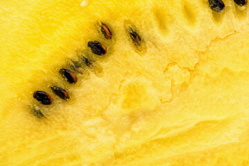 Closeup of fresh yellow watermelon slices on white plate