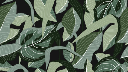 Tropical forest seamless pattern. Floral wallpaper design  with exotic flowers and leaves, split-leaf philodendron plant ,monstera plant line art on trendy background. Vector illustration. © TWINS DESIGN STUDIO