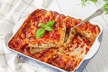 Vegetarian lasagna of tofu and mushrooms, close-up