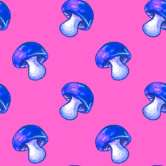 Mushrooms seamless pattern. Vegetable background, texture with bright blue watercolor clip art. Perfect for menu, seasonal design, packaging, home textiles, children's parties
