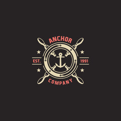 Marine round retro emblem in hipster style with anchor and inscriptions. Worn texture on a separate layer and can be disabled