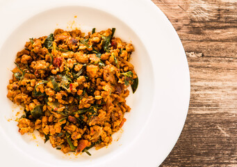 Fried  minced pork with chili paste in plate, Thai famous food