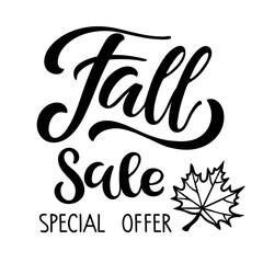 Fall Sale Special Offer. Autumn Sale lettering with falling leaf. Vector calligraphy. For fall season shopping. Typography sing. For card and poster, sale billboard and sign, banner and badge.