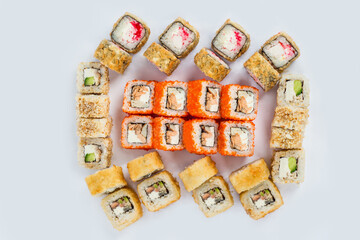 Sushi and roll sets shot on a white background