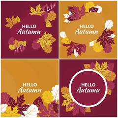 Set of bright autumn postcards. Colorful banners with autumn fallen leaves. 