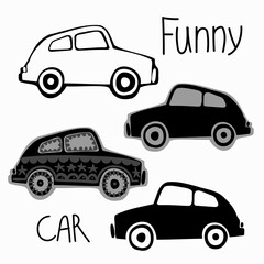 Isolated vector set of a car, lined, silhouette and grey and ornaments on white background. Black and white design. Perfect for coloring, cards, stickers, posters, decorations