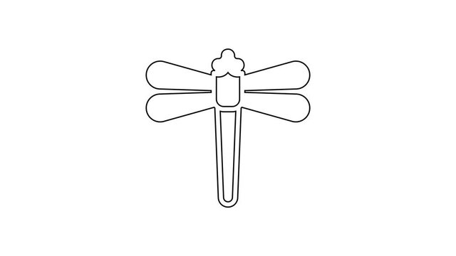 Black line Dragonfly icon isolated on white background. 4K Video motion graphic animation.