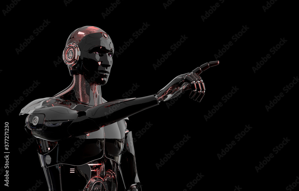 Poster black and red intelligent robot cyborg pointing finger on dark 3d rendering