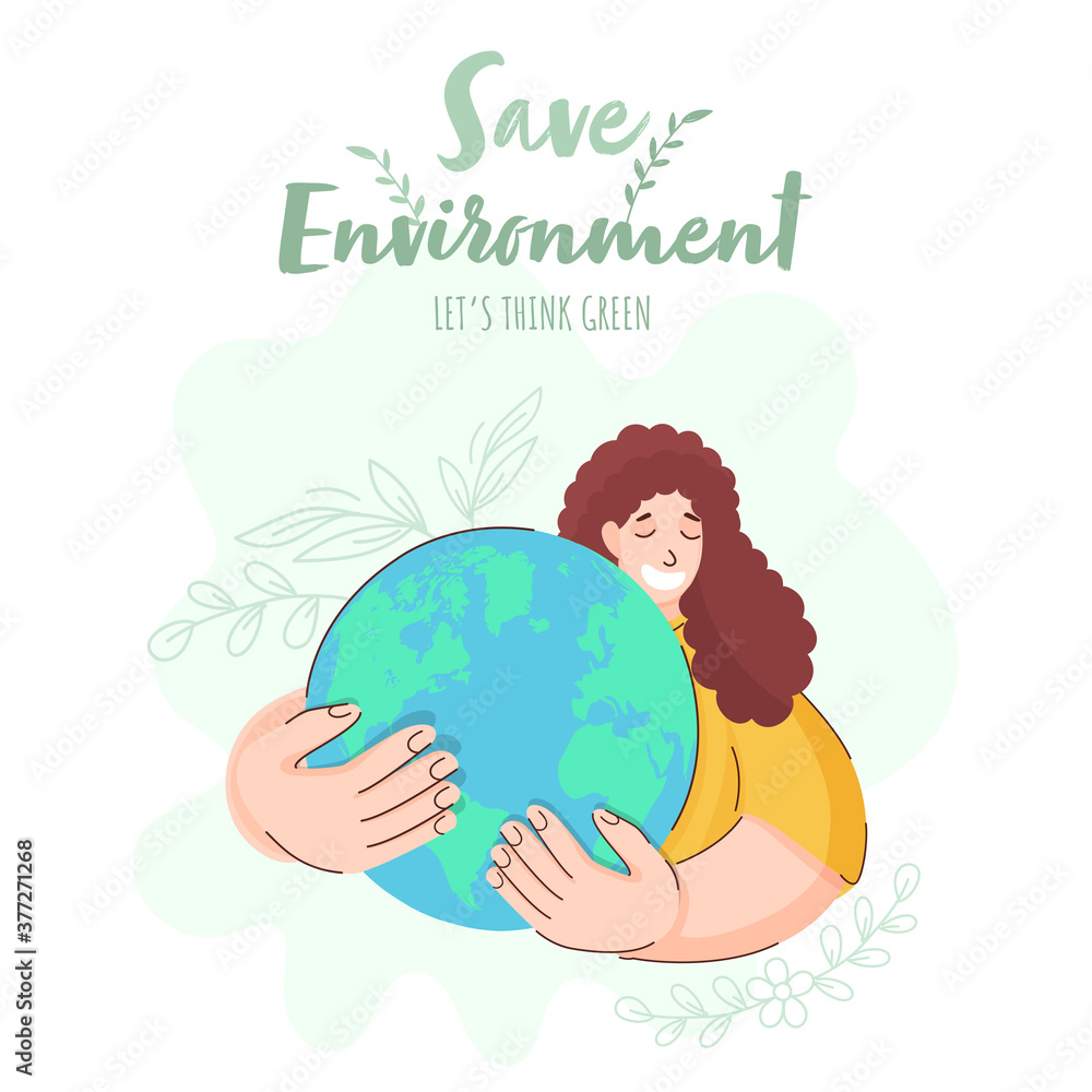 Wall mural Illustration of Cheerful Young Girl Holding a Earth Globe on White Background for Save Environment, Let's Think Green.