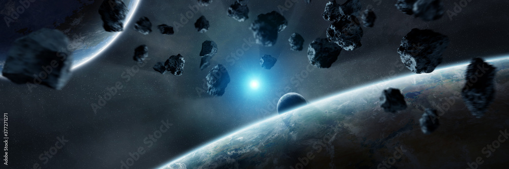 Poster panoramic space planets background. panorama of distant solar system with exoplanets 3d rendering el