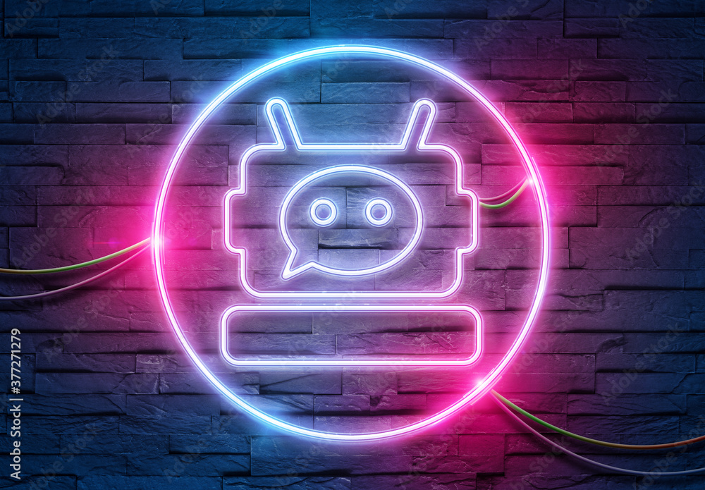 Poster chatbot neon icon illuminating a brick wall with blue and pink glowing light 3d rendering