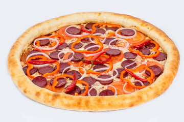 Ready-made pizza with sausage, peppers, tomatoes and cheese