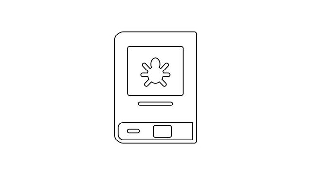 Black line Book about insect icon isolated on white background. 4K Video motion graphic animation.