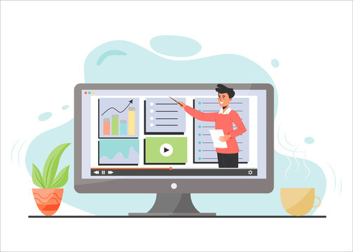 E learning web banner flat vector. Business analysis, data analytics online course. Tutor offering Internet lesson and video tutorials cartoon character. Remote university educational program