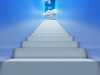 A corridor with stairsl eading to the sky with clouds. 3d render.