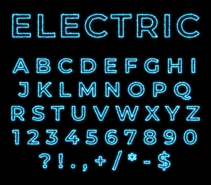 Electric Outline Font Design with light glow. All Caps Alphabet Numbers and Symbols.
