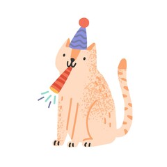 Cute cat blow in festive whistle vector flat illustration. Funny domestic animal in cone hat celebrating birthday or holiday isolated on white. Childish pet for celebration party or congratulation
