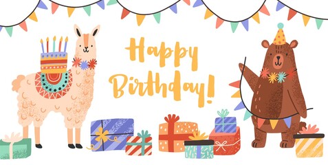 Celebratory card with funny llama and bear holding cake and garland vector flat illustration. Cute animals with gift boxes and bright lettering Happy Birthday isolated. Greeting colorful postcard