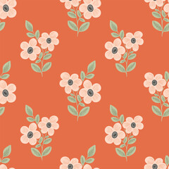 Basic flower plant seamless vector pattern. Round petal flower in pink with green leaves on orange . Autumn pattern. Great for home decor, fabric, wallpaper, gift-wrap, stationery and packaging design
