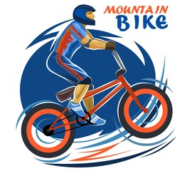 Mountain bike symbol. Isolated vector object on white background. A bike with a powerful frame and wheels. A cyclist wearing a helmet and protective elbow and knee pads. Inscription.