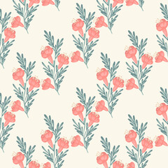 Bell shaped flower with stamen seamless vector pattern. Flowering plant in coral pink and blue on white forming a diagonal pattern. Great for home decor, fabric, wallpaper, stationery, design projects