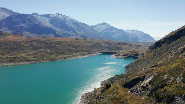 Aerial 4K - Montespluga, Italy, view of the lake