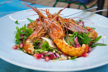 Delicious light shrimp salad with arugula, cherry tomatoes, parmesan cheese and garnet seeds