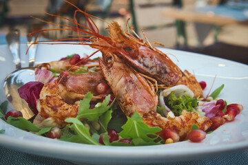 Delicious light shrimp salad with arugula, cherry tomatoes, parmesan cheese and garnet seeds