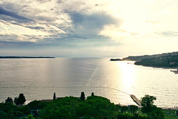 The aerial view of famous Slovenian seaside resort Portorose (Portoroz) and the coast of Adriatic...