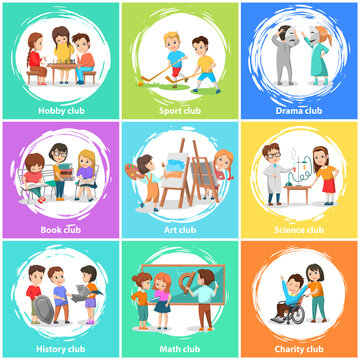 Clubs of interest like sport and drama, hobby and book, art and science, history and math or charity. Kids actively spend time playing or acting, reading or painting. Vector illustration in flat style