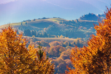 Silhouette of mountains in the early misty morning. View of the mountains in autumn. Beautiful nature landscape. Carpathian mountains. Ukraine