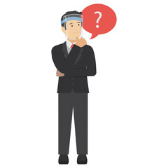 Confused business worker wonders and finds solution cartoon vector illustration Design, Businessman wearing coronavirus face visor Sign, Business character on white background, New normal life