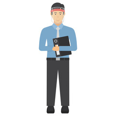 handsome boy is holding his Resume and Wearing medical face shield concept vector icon design, New Normal Business People symbol on White background