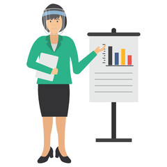 Teacher is standing and giving presentation vector icon design illustration, New normal Business people on white background, Lady wearing coronavirus prevention face visor Sign, 