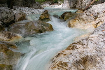 Long exposure image of clear river flowing in northen Greece