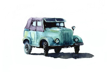 Watercolor drawing isolated blue russian retro car