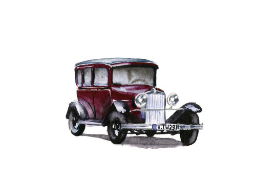 Watercolor drawing isolated red german retro car