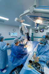 Selective focus from above on neurosurgery operation on brain. Modern robotic equipment in clinic.