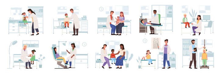 Family healthcare medical care icon with pediatric doctor vector. Parents with kid scenes set of child pediatric medical examination and treatment, doctor with patient, health check exam