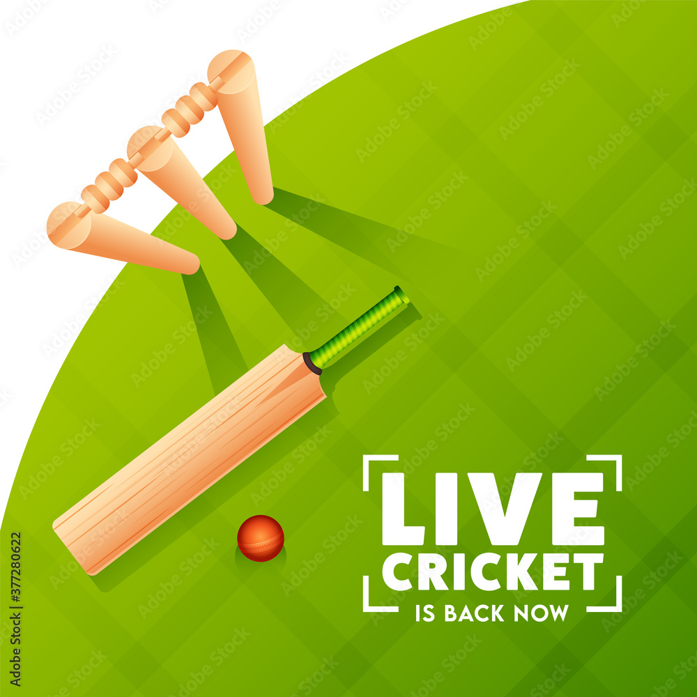 Aufkleber top view of realistic bat with red ball and wicket stumps on green checkered pattern background for 