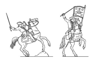 Cavalry attack. English dragoons drawing. Seven Years' War historical drawing.