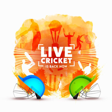 Realistic Two Helmet of Participants Team with Silhouette Cricketers and Orange Watercolor Brush Effect on White Background. Live Cricket Is Back Now.