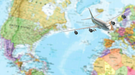 Fototapeta na wymiar airplane on world map background. concept of plane travel. Empty space for text - booking a flight ticket