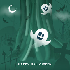 Green Graveyard Background with Crescent Moon, Flying Bats and Cartoon Ghosts for Happy Halloween.