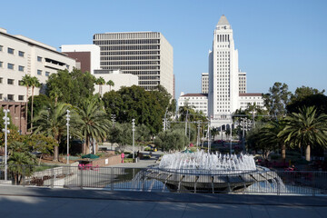 View of the City Hall from Grand Park, on a July morning. The Arthur J. Will Memorial Fountain is in the foreground.