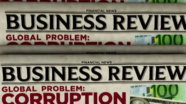 Corruption in business global problem, stop fraud and money laundering news. Daily newspaper printing. Vintage paper media press production abstract concept. Retro style 3d rendering animation.