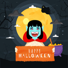 Cheerful Female Vampire Holding Happy Halloween Text Board with Ghost and Cauldron on Full Moon Grey Background for Celebration Concept.