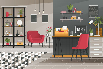 Vector workplace modern design. Office, studio, cabinet or home workspace interior with desktop, PC computer, bookshelves, plants, furnitures. Contemporary living room flat style illustration