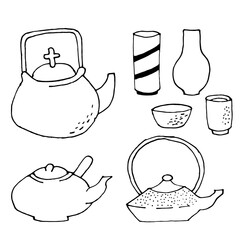 Japanese teapots are hand-drawn with one line. Cup, vase for the tea ceremony in vector on a white background.